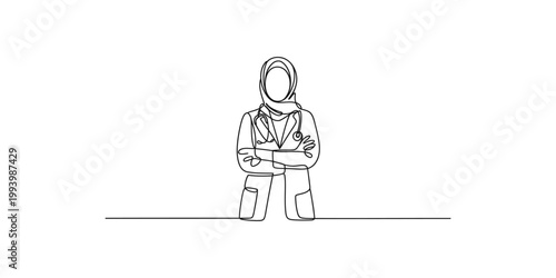 Continuous line drawing of a confident doctor or nurse wearing a hijab and stethoscope