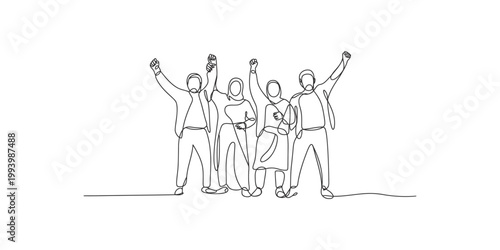 A line drawing of a diverse group of people with their fists raised in celebration or solidarity on white background
