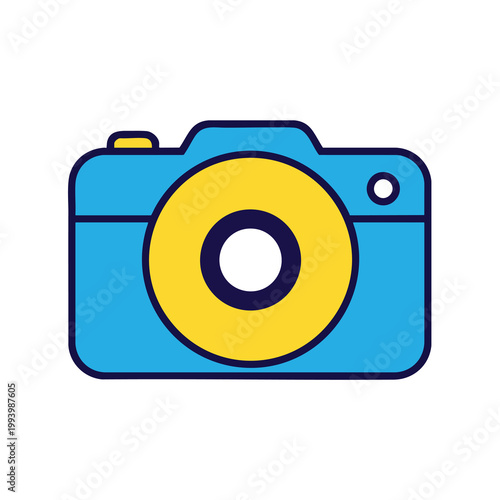 Minimalist Blue and Yellow Flat Vector Camera Icon Illustration.