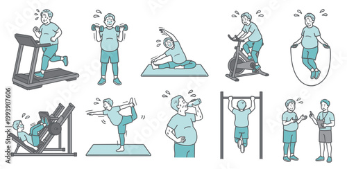 様々な運動を辛そうにするぽっちゃりシニア男性の10点セットイラスト