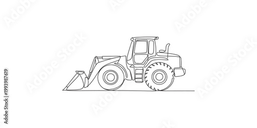 A line drawing of a tractor with a front loader attachment isolated on white background