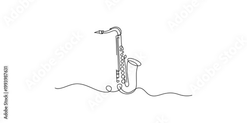 A minimalist line drawing of a saxophone on a white background with a wavy line