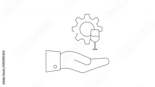 Hand holding gear and wine glass icon representing service industry.