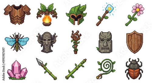 A collection of fifteen nature-themed fantasy RPG icons featuring leaf armor, stone masks, wooden weapons, and insects in a detailed pixel art style.