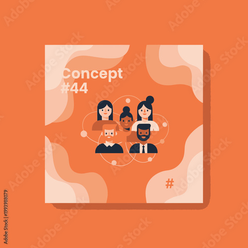 Diversity Social Network and Global Team Collaboration Concept. Flat Vector Illustration of Connected People Avatars on Orange Background.