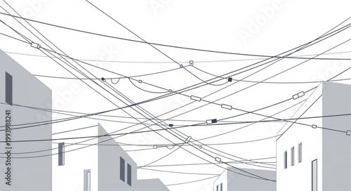 Abstract illustration of tangled power lines over buildings.
