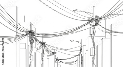 Abstract sketch of power lines and poles against a white background.