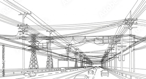 Abstract sketch of power lines and transmission towers.