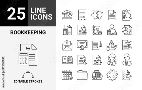 25 Bookkeeping Line Icons Editable Vector Set