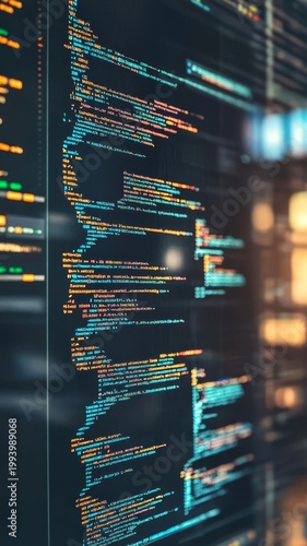 Abstract digital screen displaying lines of computer programming code software development concept.