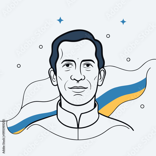 Minimalist Statesman Portrait Illustration with Stylized Blue and Yellow National Banner