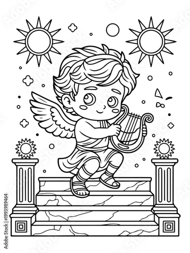 Divine Melody: A celestial being, bathed in starlight, serenades with an elegant harp on celestial steps, a fusion of artistry and mythology, symbolizing divine harmony
