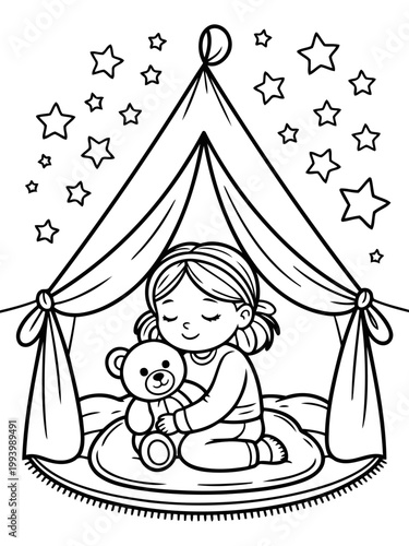 Dreamy Nighttime Sanctuary: A young child finds comfort in her cozy, star-filled haven, snuggling with her beloved teddy bear for a peaceful night's rest.
