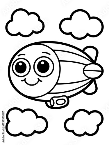 Zeppelin's Skyward Smile: A friendly zeppelin with a cheerful grin soars among fluffy clouds, offering a whimsical depiction of airborne transport.