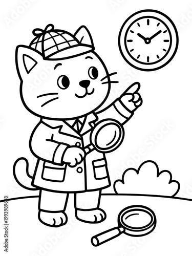 Detective Cat in Pursuit: A charming illustration depicts a cat in detective attire, equipped with magnifying glass and a keen eye, meticulously investigating a case. 