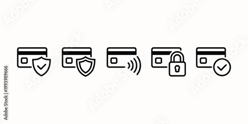 Black and white of credit cards with security symbols shield checkmark lock