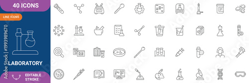Laboratory Icon Set. Containing Experiment, Test Tube, Microscope, Flask, Chemical, Biology, Research, Lab, Science, Analysis, Medicine, Equipment and etc. Line Icon. Editable Stroke. Vector file
