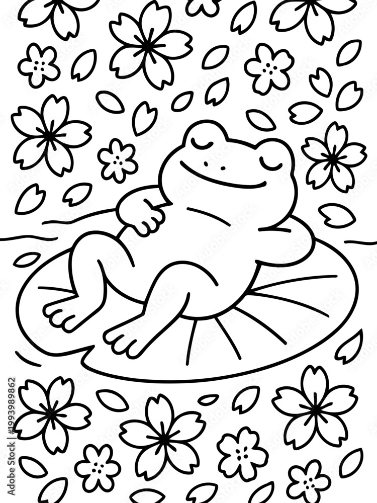 Fototapeta premium Resting Frog Amidst Cherry Blossoms: A serene scene unfolds as a contented frog reclines on a lily pad, surrounded by a cascade of delicate cherry blossoms and petals.