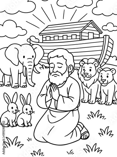 Noah's Ark and the Blessing: An illustration of the biblical story of Noah's Ark, with Noah kneeling in prayer and surrounded by pairs of animals.