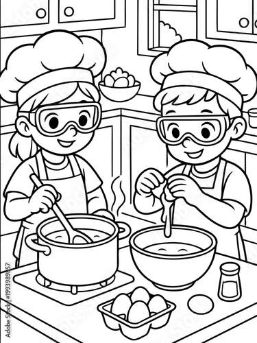 Young Cooks at Work: Two enthusiastic children, adorned with chef hats and safety goggles, immerse themselves in the art of culinary creation, whipping up a delightful dish in a brightly lit kitchen.