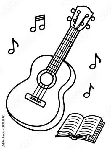Ukulele and musical notes: a ukulele accompanied by musical notes and a music book create a serene and melodic scene, evoking feelings of musical passion and artistic expression.