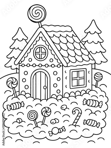 Gingerbread House Delight: A whimsical gingerbread house, adorned with candy and festive embellishments, rests in a snowy landscape. It's a sweet, line art illustration perfect for holiday designs.