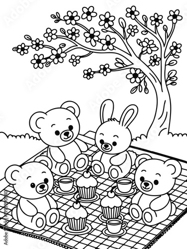 Teddy Bear's Picnic: Adorable teddy bears and a bunny rabbit are enjoying a delightful picnic under a blooming tree, complete with cupcakes and tea cups, painted with monochrome style