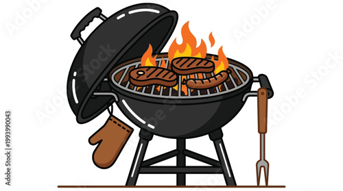 Vector Illustration of a Charcoal Kettle Grill with Steaks and Sausages Cooking over Open Fire