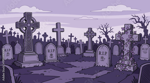 Spooky Graveyard Illustration with Tombstones and Celtic Crosses for Halloween and Horror Theme Background