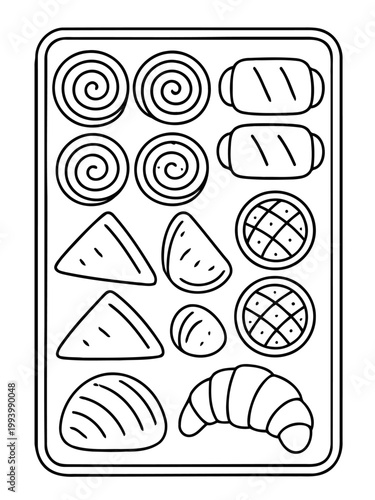 Assortment of Baked Delights: An overhead monochrome view of a variety of baked goods arranged in neat rows on a rectangular tray. Each pastry shape offering a taste of sweetness. 