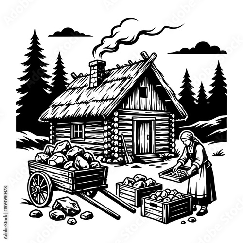 Peasant woman working outside a rustic log cabin