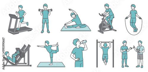 様々な運動をする成人男性の10点セットイラスト（標準体型・笑顔）