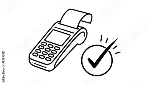 Black and white of payment terminal with checkmark credit card reader verification approval vector illustration isolated on white background