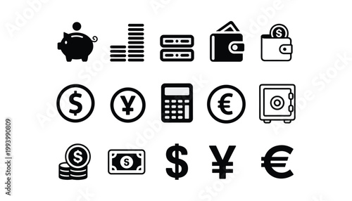 Black and white of money and finance symbols currency vector illustration isolated on white background