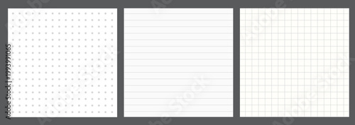 Minimalist paper texture set with dot grid, lined, and square graph patterns. Three white notebook page templates for digital journaling and planning.