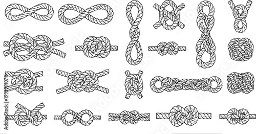 Large collection of hand drawn rope knots isolated on white background nautical set