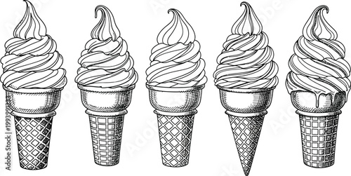 Five sketchy soft serve ice cream cones in a row black and white illustration