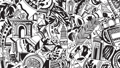 Intricate black and white illustration of a fantastical cityscape with gothic and baroque elements