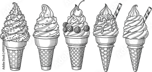 Vintage illustration of five corn cobs in a row detailed sketch style