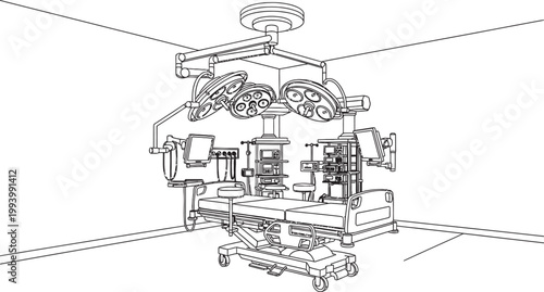 Surgical lighting system sketch a detailed illustration of operating room equipment