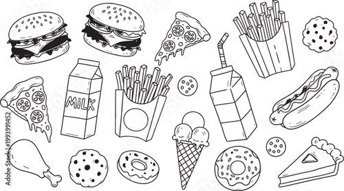 Hand drawn fast food collection burgers fries pizza and sweets in a sketchy style