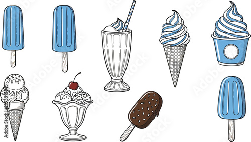 Variety of frozen desserts a sketch collection of ice creams popsicles and sundaes