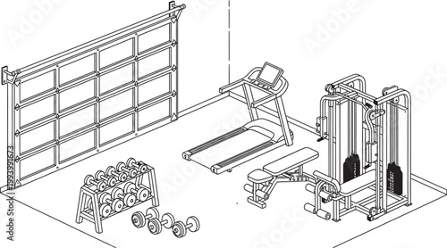 Isometric illustration of a complex mechanical system with gears racks and supporting structures