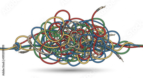 Chaotic tangle of colorful electrical wires and cables.