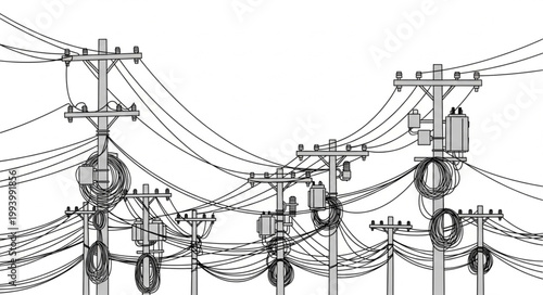 Complex network of electrical power lines and utility poles.