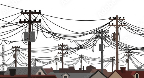 Complex network of electrical power lines and utility poles.
