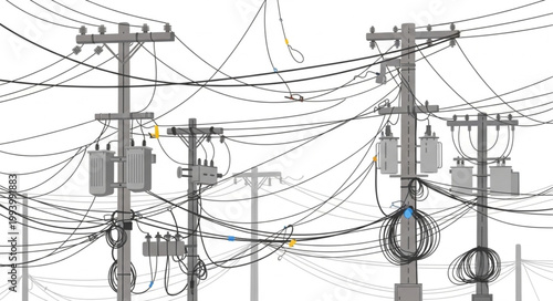 Complex network of electrical power lines and utility poles.