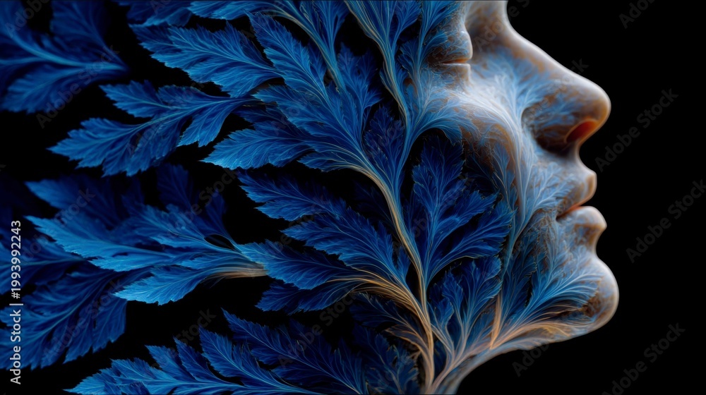 Obraz premium Abstract human profile merged with intricate blue fern foliage representing nature connection and bio-art digital creation
