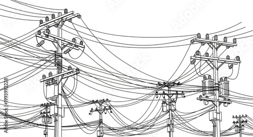 Complex network of overhead power lines and utility poles in sketch style.