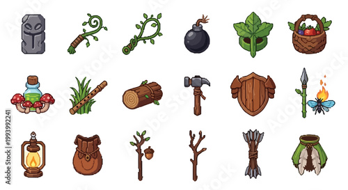 A set of hand-drawn vector icons representing fantasy adventure RPG items, including wooden tools, weapons, armor, and survival equipment for games.